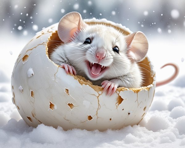 Cheerful Mouse in Cracked Eggshell in Snowy Scene