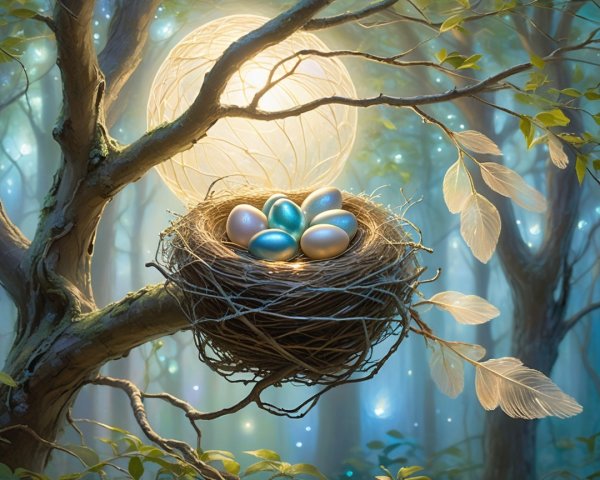 Nest of Metallic Blue and Pink Eggs in Glowing Forest