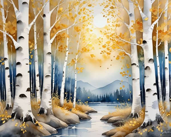 Autumn Landscape with Birch Trees and Calm River