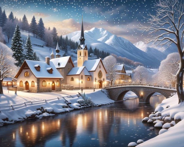 Winter Village Scene with Snowy Landscape and Lights