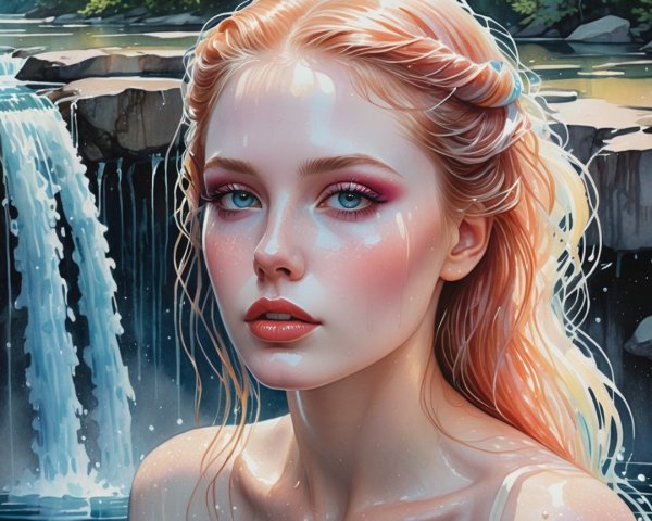 Portrait of a Young Woman by a Waterfall