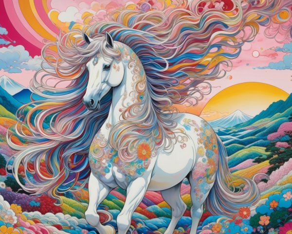 Majestic White Horse in Vibrant Flowering Landscape