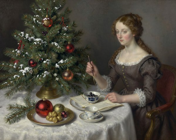Seated Woman with Christmas Tree and Table Setting