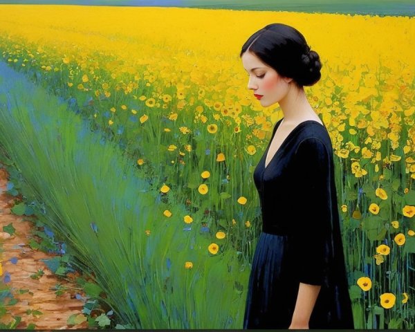 Solitary Woman in Black Dress in Flower Field
