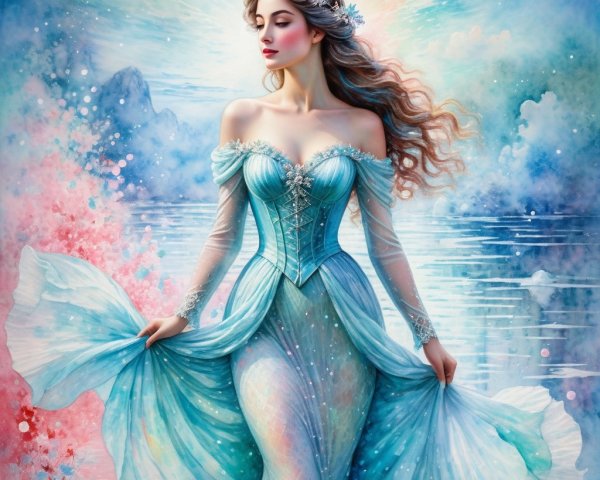 Elegant figure in light blue gown by tranquil water