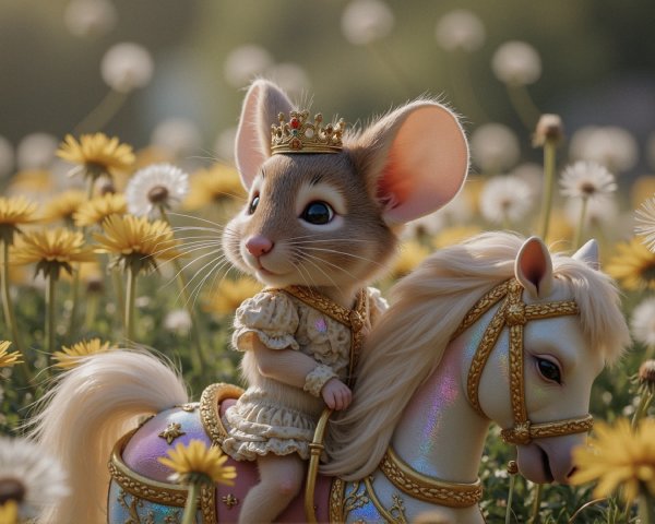 Adorable Mouse Princess on Toy Horse in Daisies