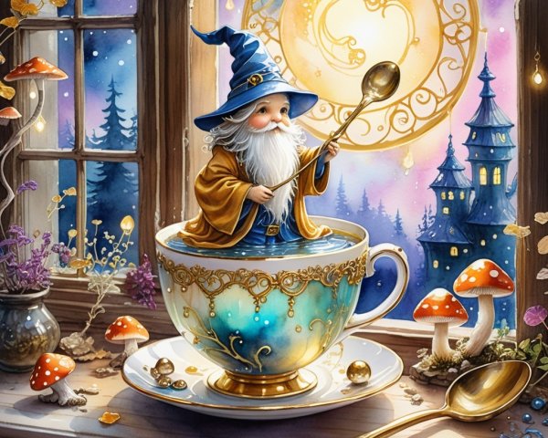 Cozy Wizard in Teacup with Fairy Lights and Twilight Sky