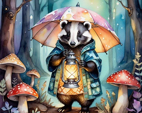 Badger with Lantern Under Umbrella in Enchanted Forest