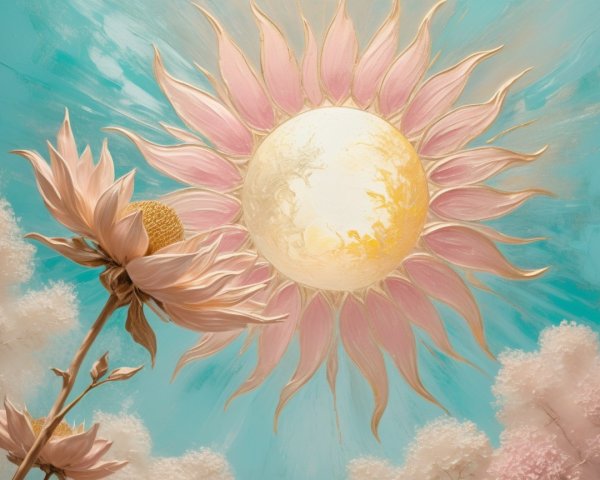 Sun Surrounded by Pastel Petals and Turquoise Sky