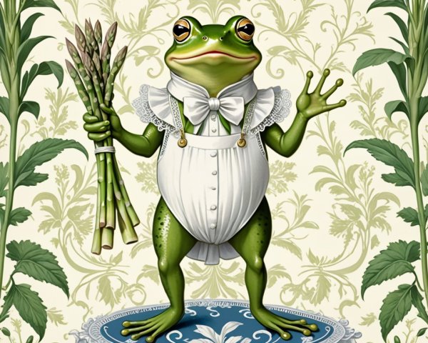 Anthropomorphic frog in formal attire with asparagus