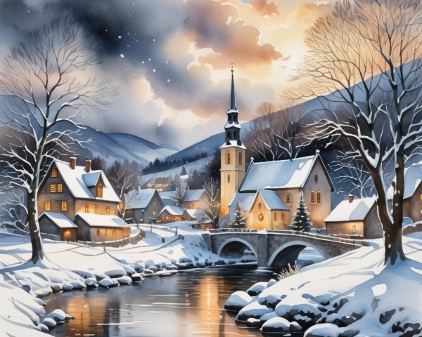 Winter Village Scene with Church and Snowy Landscape