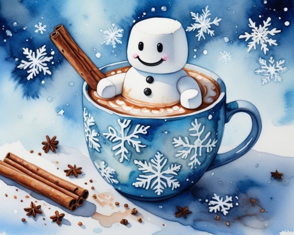 Digital Watercolor of Snowman in Hot Chocolate Mug