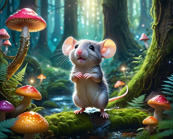 Charming Mouse in a Magical Forest with Mushrooms