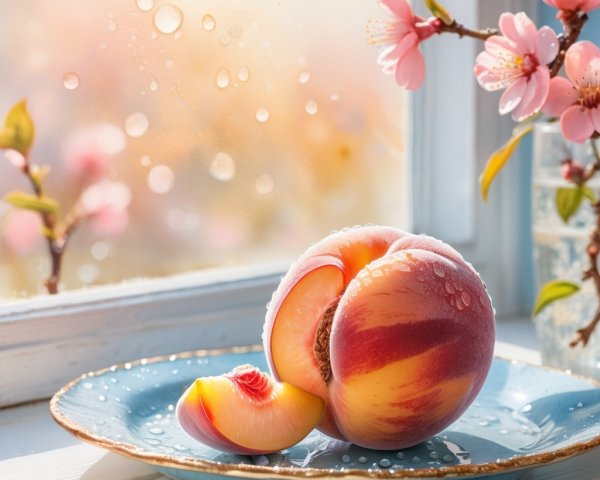 Fresh Peach on Blue Plate with Cherry Blossoms