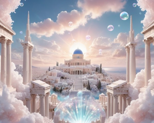 Majestic City with Greek Architecture Among Clouds