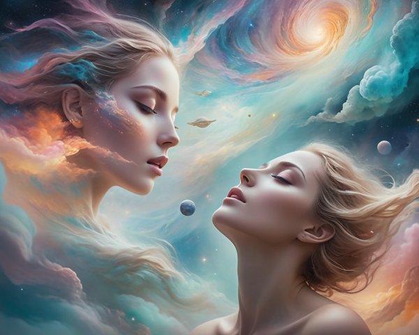 Ethereal Female Faces Against Cosmic Backdrop