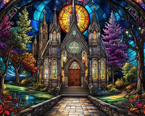 Stained Glass Scene of a Grand Church and Nature