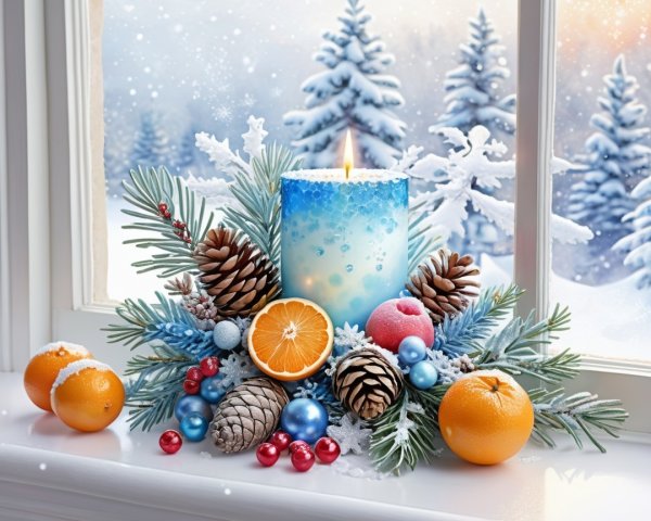 Cozy Winter Scene with Blue Candle and Decorations