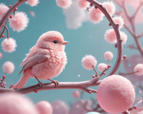 Pink Bird on Whimsical Branch with Colorful Pom-Poms