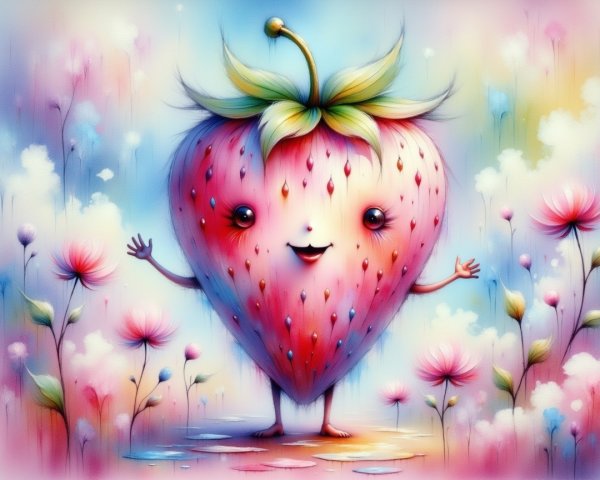 Cheerful Strawberry Character in Dreamy Landscape