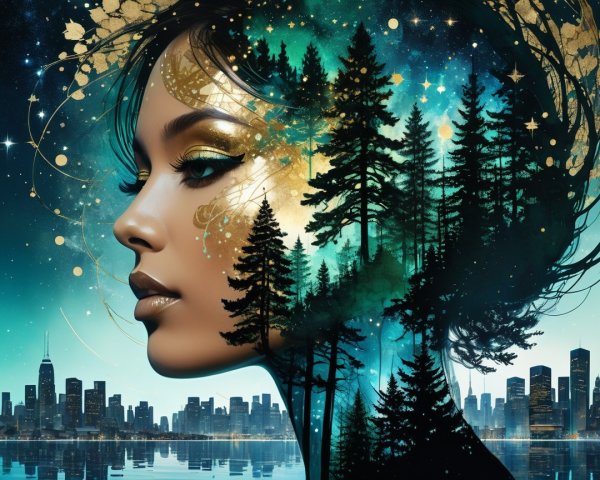 Surreal Profile of Woman with Nature and City Elements