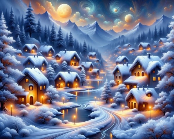 Serene Winter Village in a Snowy Landscape at Night