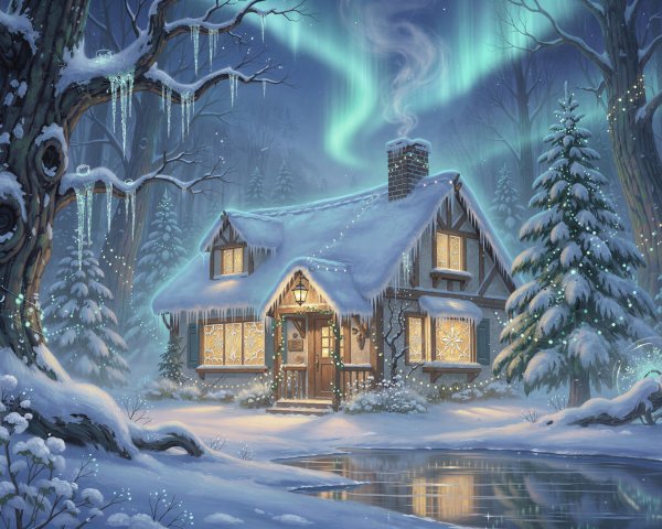 Enchanting Winter Wonderland with Cozy Cottage Scene