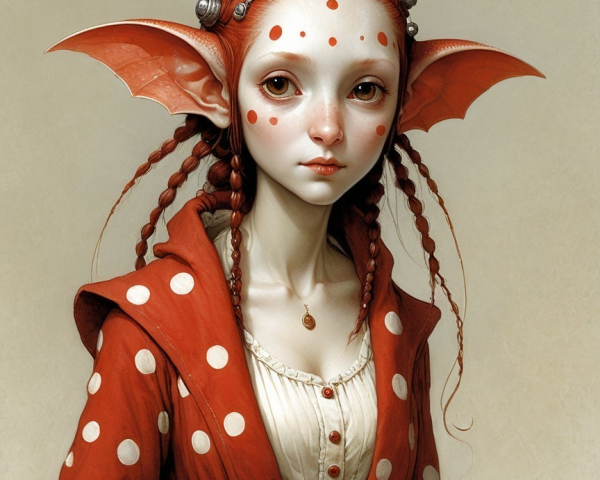 Whimsical Character with Pale Skin and Red Dress