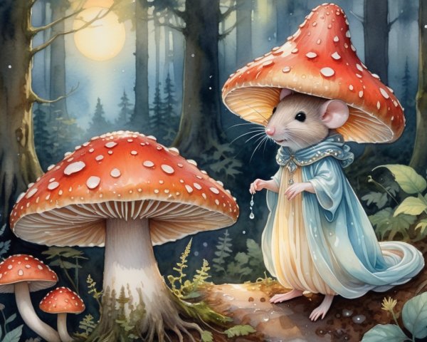 Whimsical Mouse Beneath Toadstools in Misty Forest