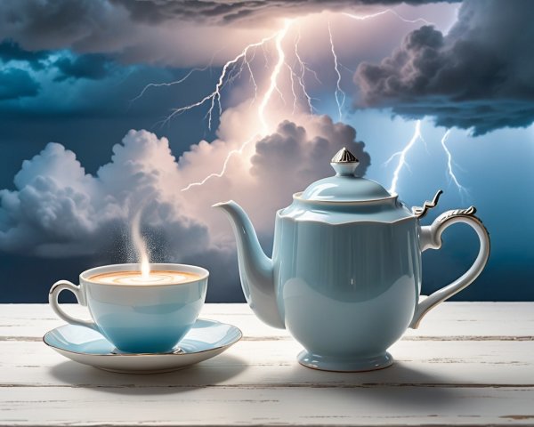 Blue Teapot and Cup on Rustic Table with Stormy Background