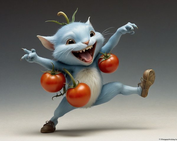 Happy Baby Blue Kitten with Tomatoes and Leaves