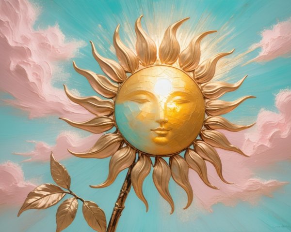 Radiant Sun with Golden Face and Pink Cloud Background