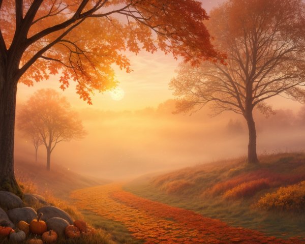 Serene autumn landscape with vibrant foliage and mist