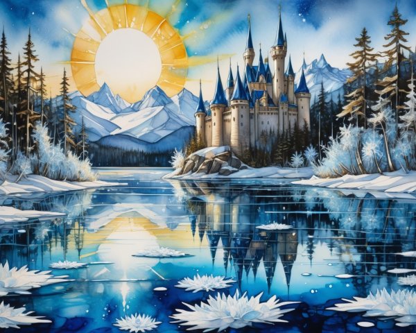 Majestic Castle by Tranquil Lake in Snowy Landscape