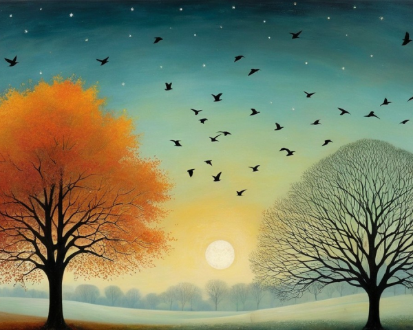 Autumn and Winter Trees Under a Pastel Sky