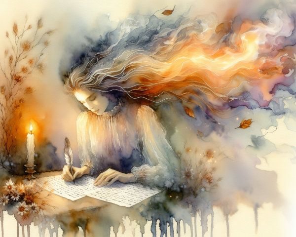 Dreamy Scene of a Woman Writing with Fiery Hair
