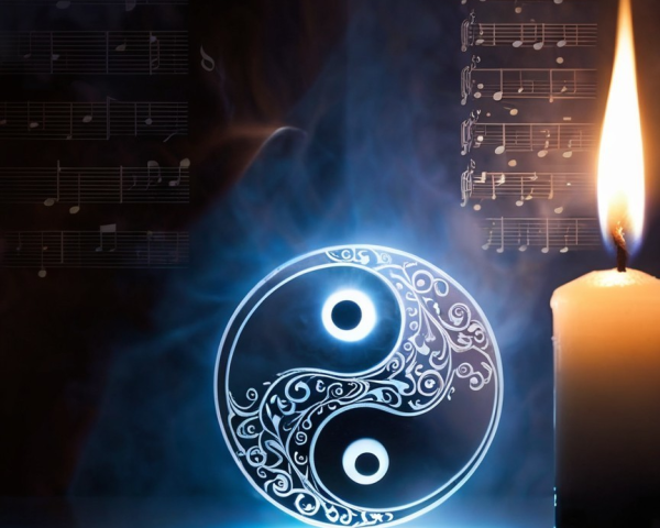 Glowing yin-yang symbol with musical notes and smoke