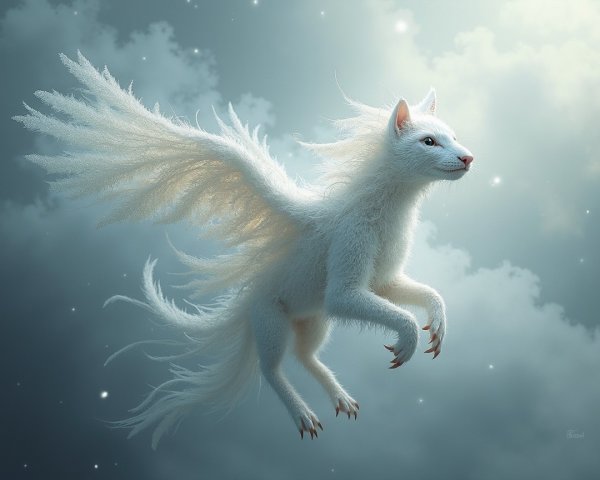 Whimsical Winged Cat in a Dreamy Sky Setting