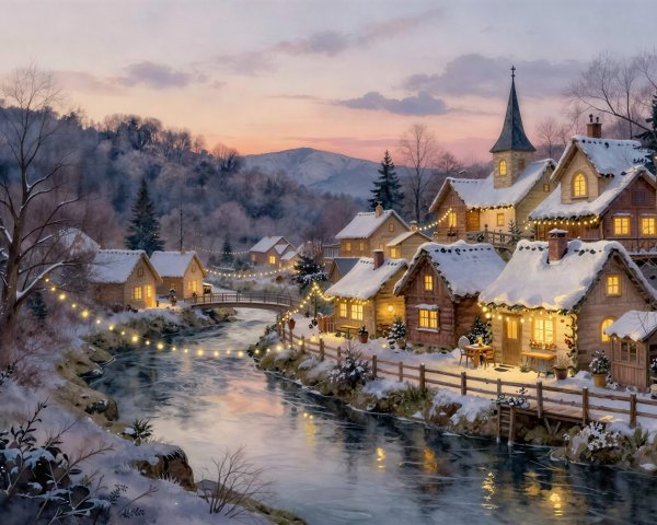Winter Town Scene with Snowy Houses and Twilight Sky