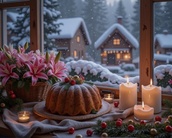 Cozy Winter Scene with Bundt Cake and Snowy Landscape