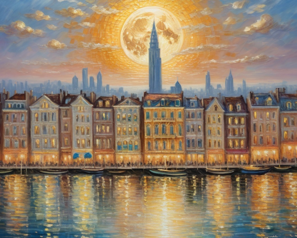 Vibrant City Skyline at Sunset with Historic Architecture