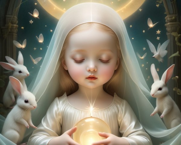 Young girl with glowing orb in serene, ethereal setting