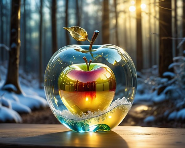 Glass Apple in Snowy Forest with Sunlight Effects