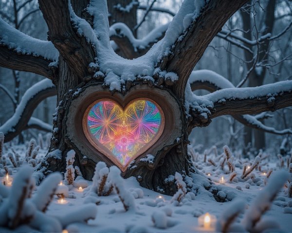 Heart-Shaped Hollow Tree in a Winter Landscape