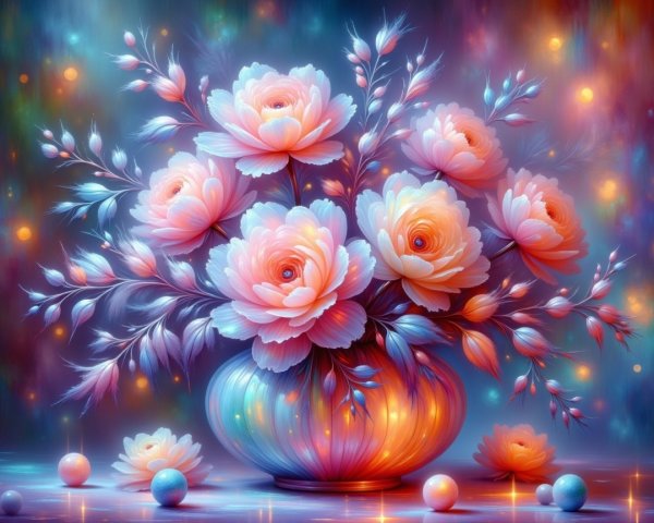Vibrant Still Life of Pastel Roses in Decorative Vase