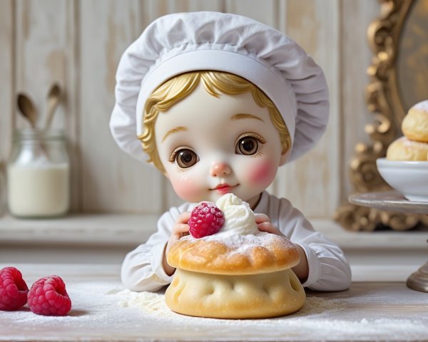 Charming Doll in Chef Attire at Baking Scene