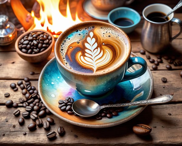 Latte in Blue Cup with Coffee Beans and Cozy Ambiance