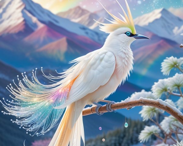 Ethereal Bird on Snowy Branch with Mountain Sunrise