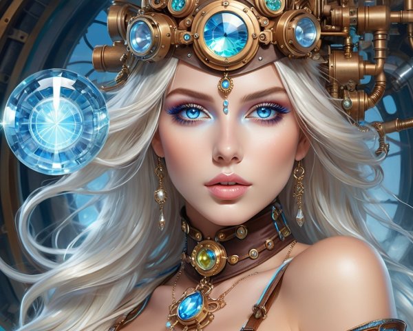 Steampunk Fantasy Woman with White Hair and Blue Eyes