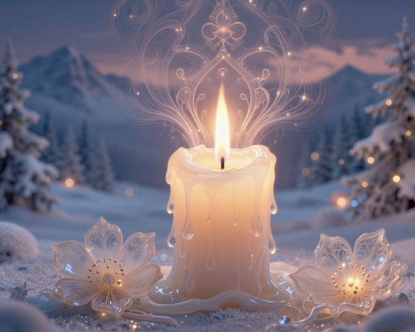 Melting Candle Surrounded by Floral Decorations on Snow